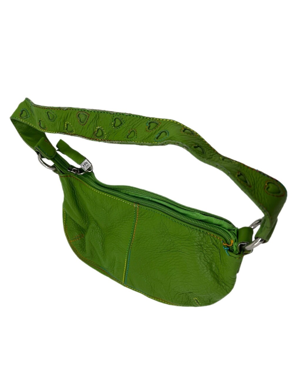 The SAK Y2K Green leather small hobo heart embroidered strap zip closure purse